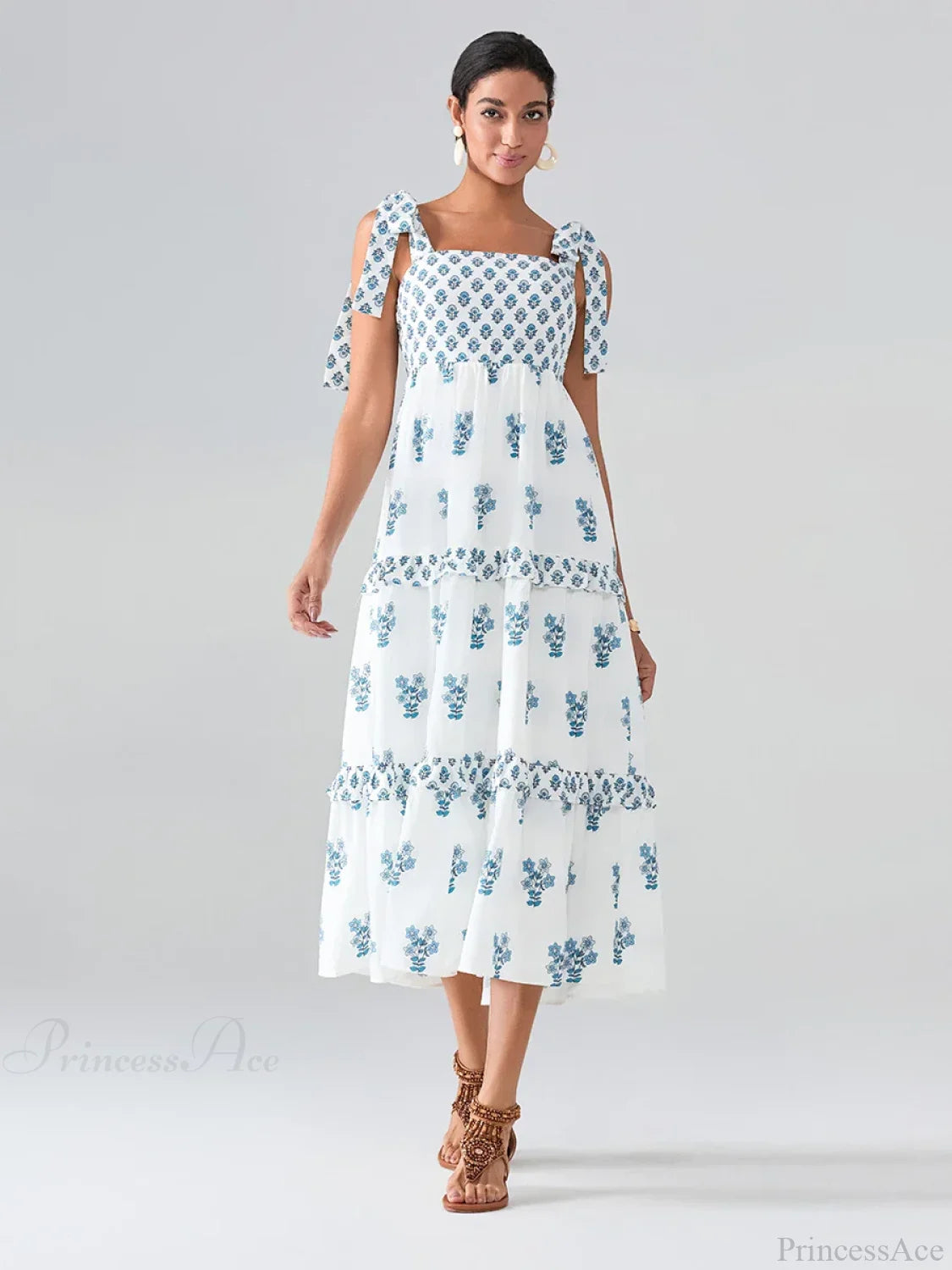 Wide Straps Flowy Floral Bohemian Beach Frill Trim Square Neck A-Line Dress Blue / S floraldress-250126