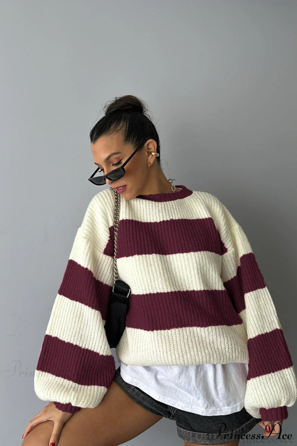 Wide Stripe Colorblock Oversized Crew Neck Pullover Sweater