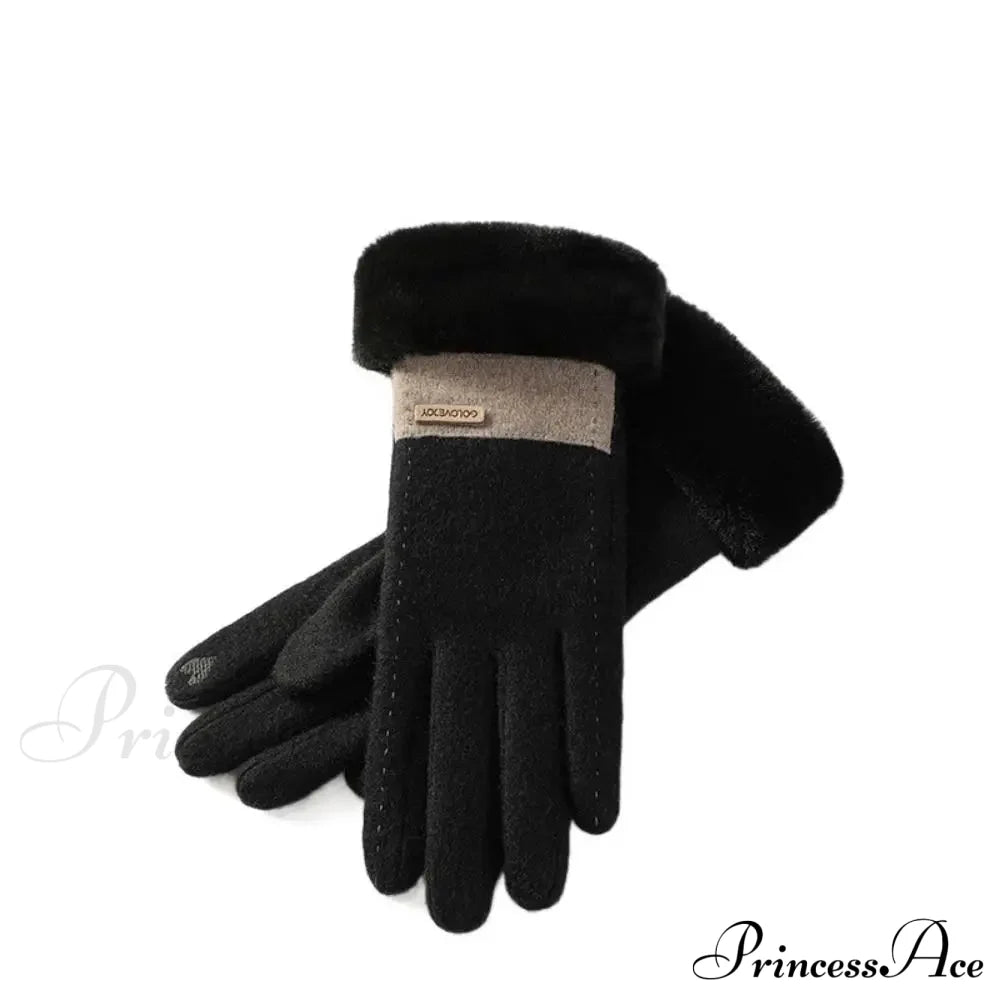 Windproof Thermal Cashmere Winter Christmas Glove Black Gloves-L