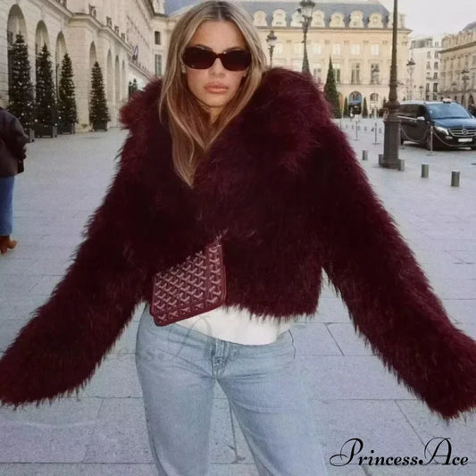 Wine Red Cropped Faux Fur Coat Claret / Xs Coats-241208