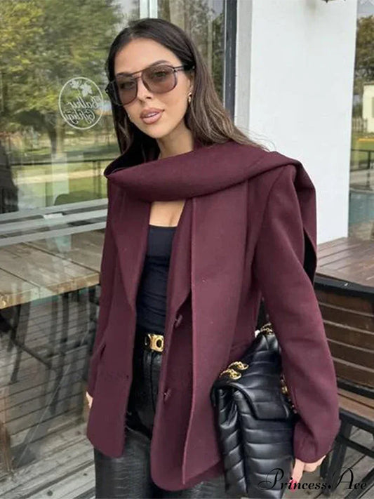 Wine Red Lapel Scarf Coat Coats-241208