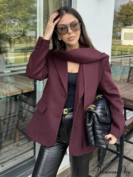 Wine Red Lapel Scarf Coat / S Coats-241208