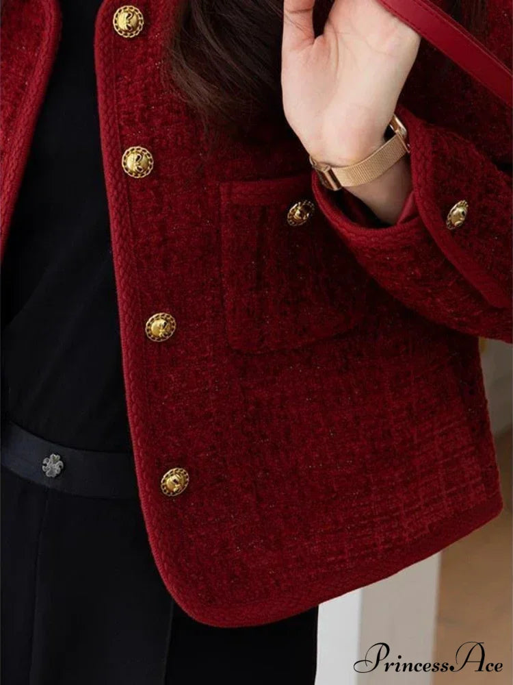 Wine Red Metal Buckle Slim Tweed Cardigan Cardigan-241208