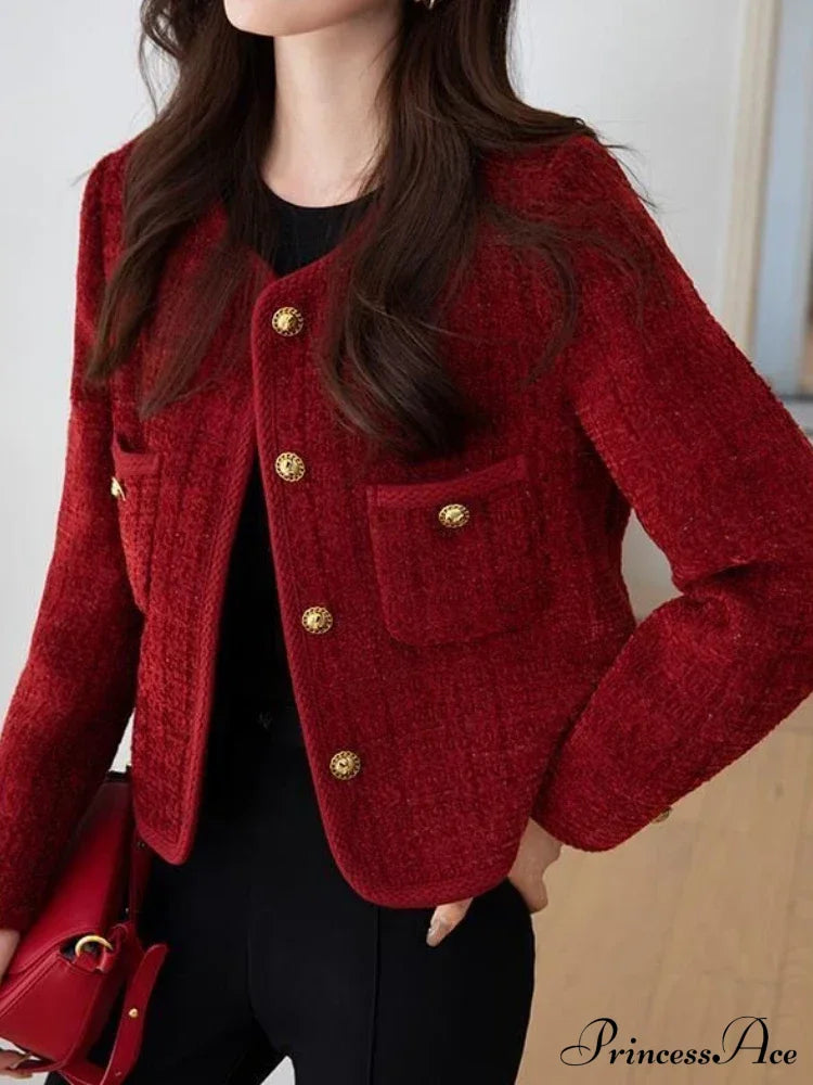 Wine Red Metal Buckle Slim Tweed Cardigan Cardigan-241208