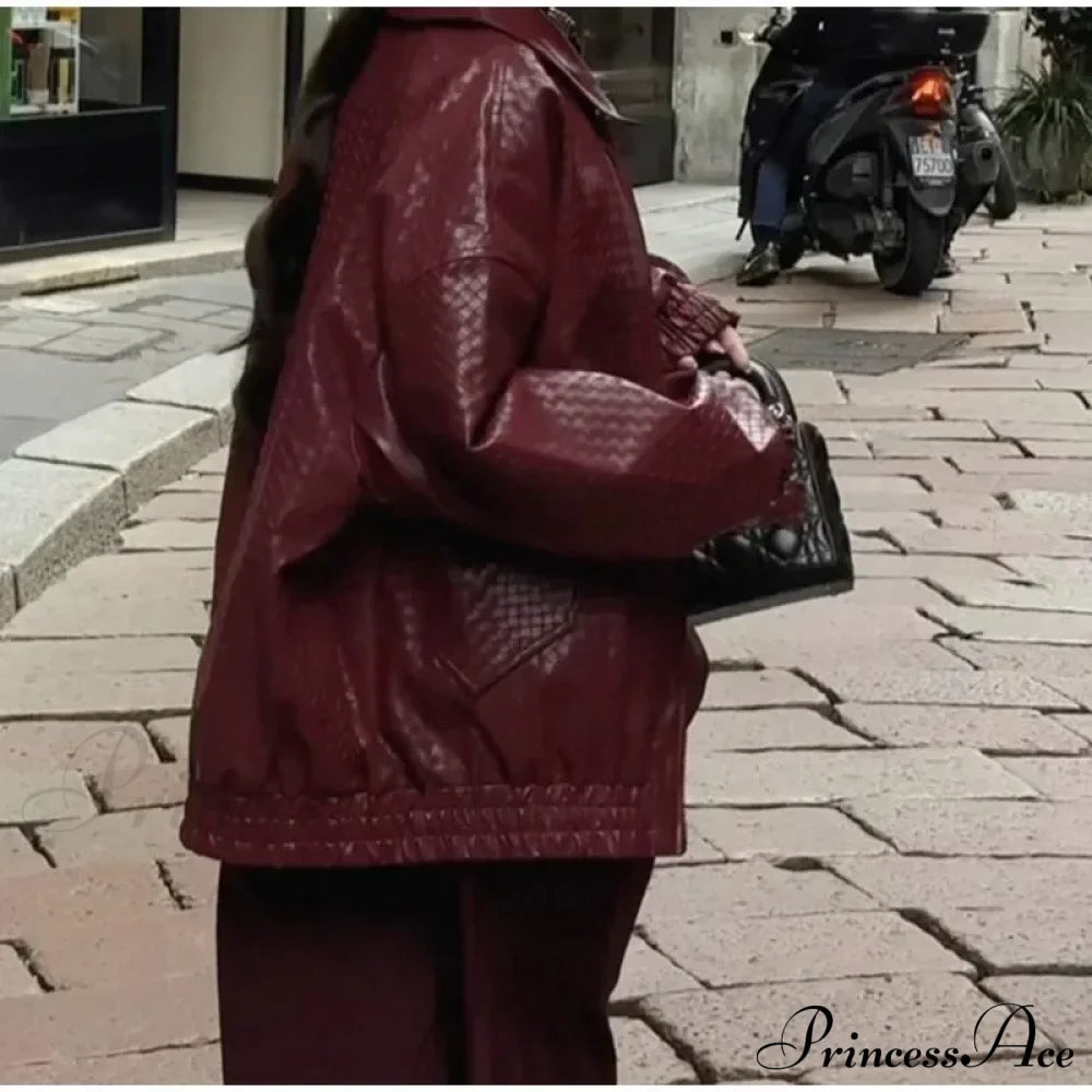 Wine Red Pu Leather Zipper Coat Coats-241208