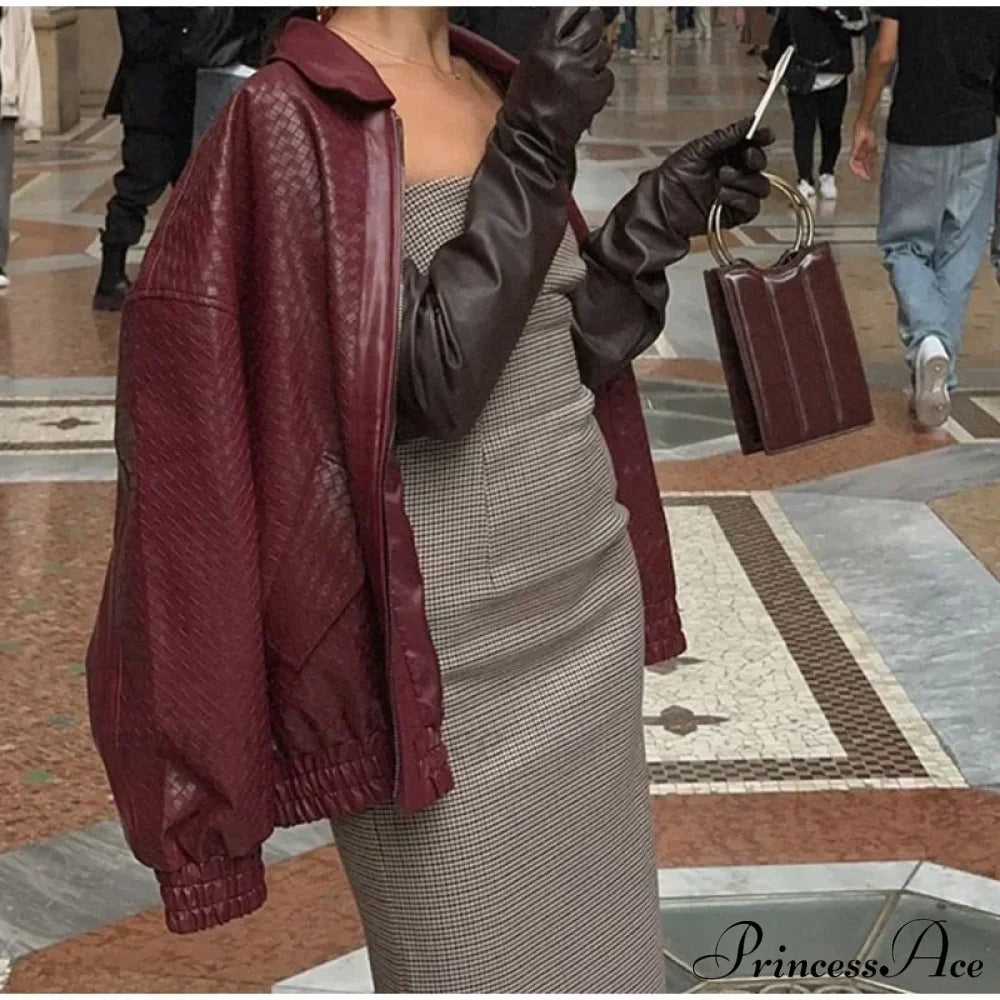 Wine Red Pu Leather Zipper Coat Coats-241208