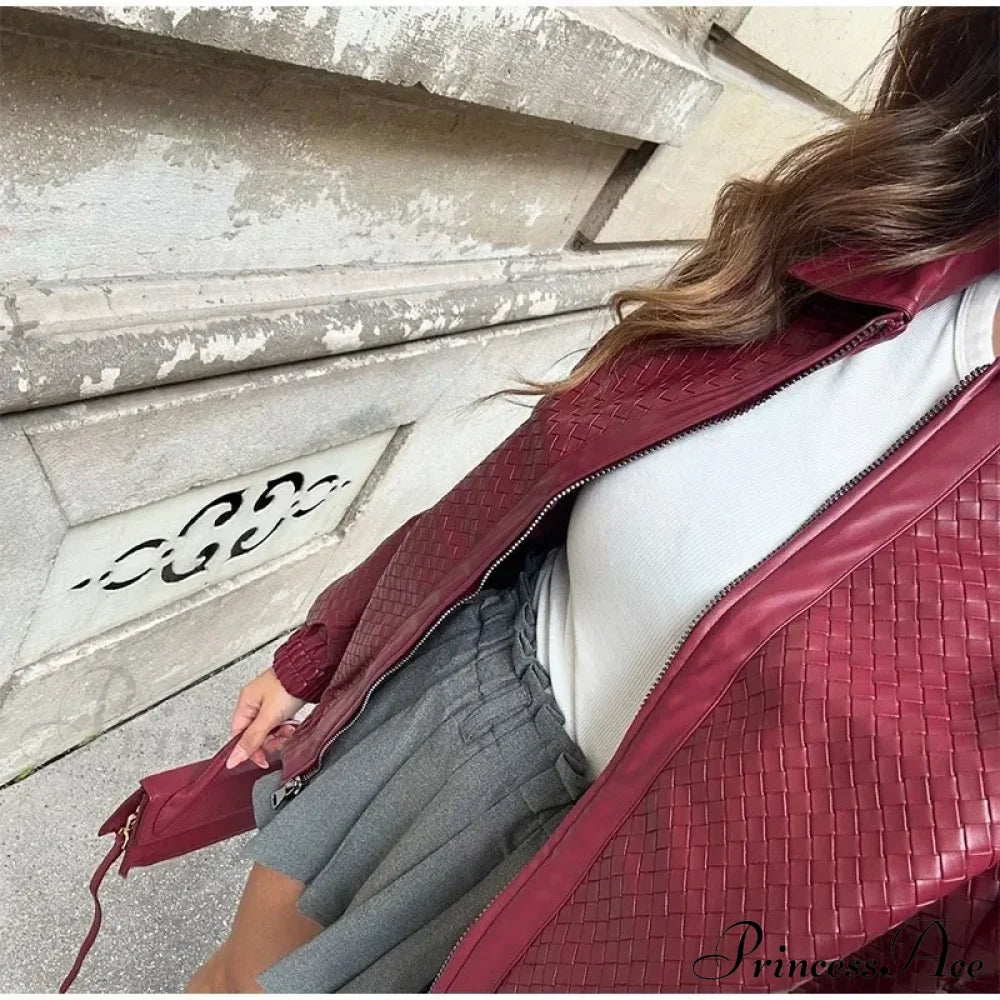 Wine Red Pu Leather Zipper Coat Coats-241208