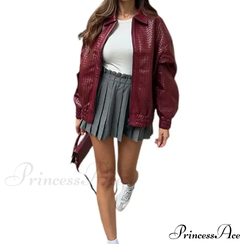 Wine Red Pu Leather Zipper Coat Coats-241208