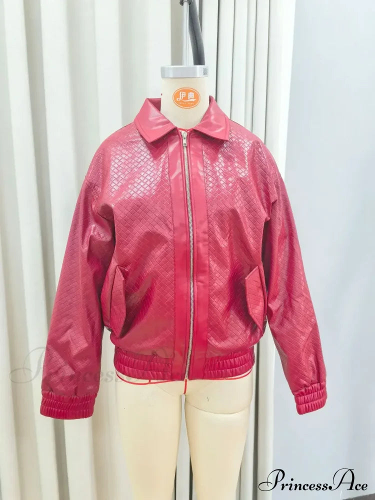 Wine Red Pu Leather Zipper Coat Pink / S Coats-241208