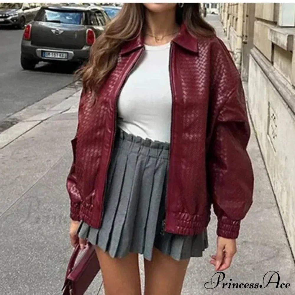 Wine Red Pu Leather Zipper Coat Wine Red / S Coats-241208