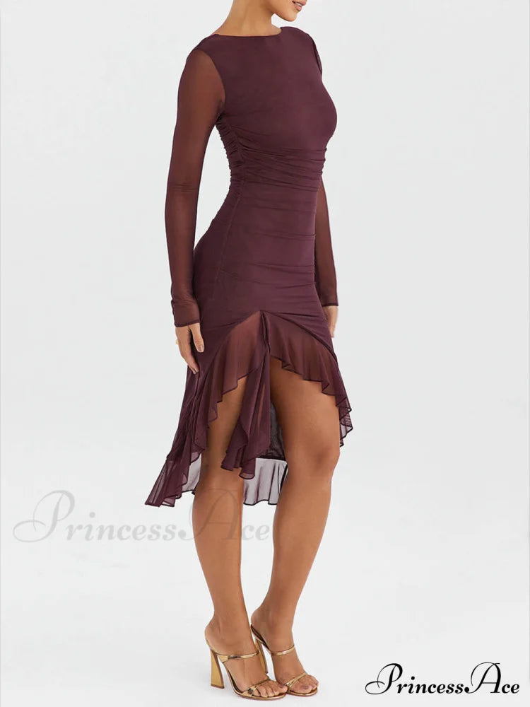 Wine Ruffle Stylish Midi Dress Dresses