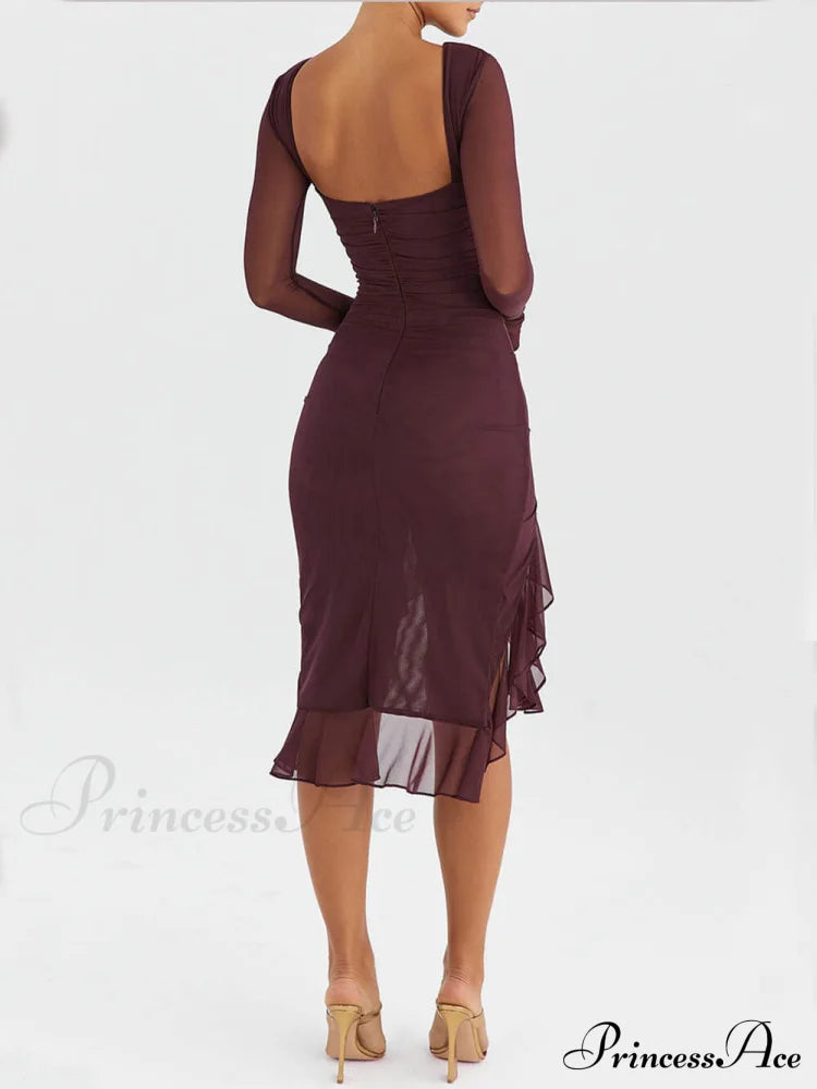 Wine Ruffle Stylish Midi Dress Dresses