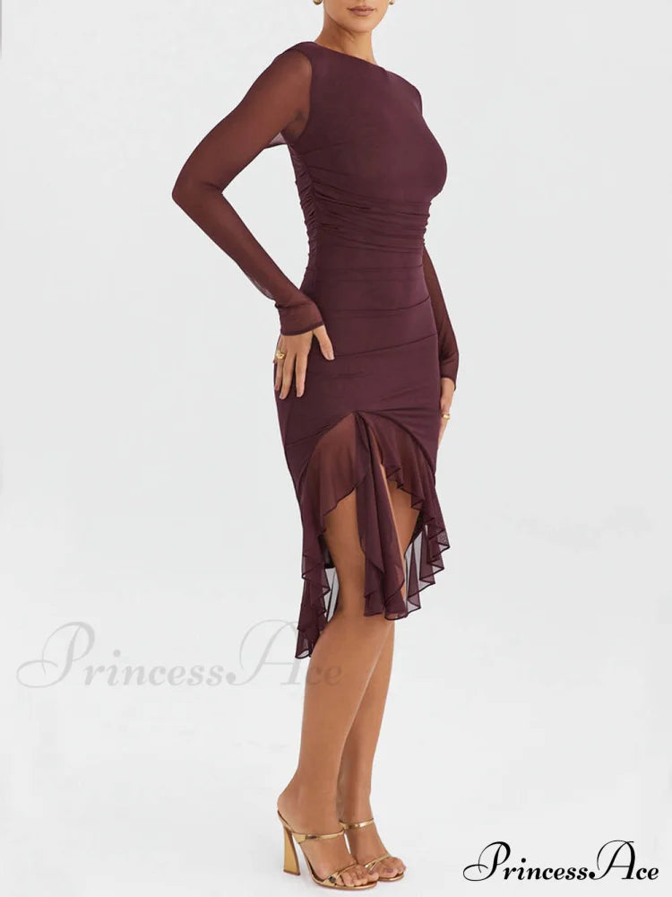 Wine Ruffle Stylish Midi Dress Dresses