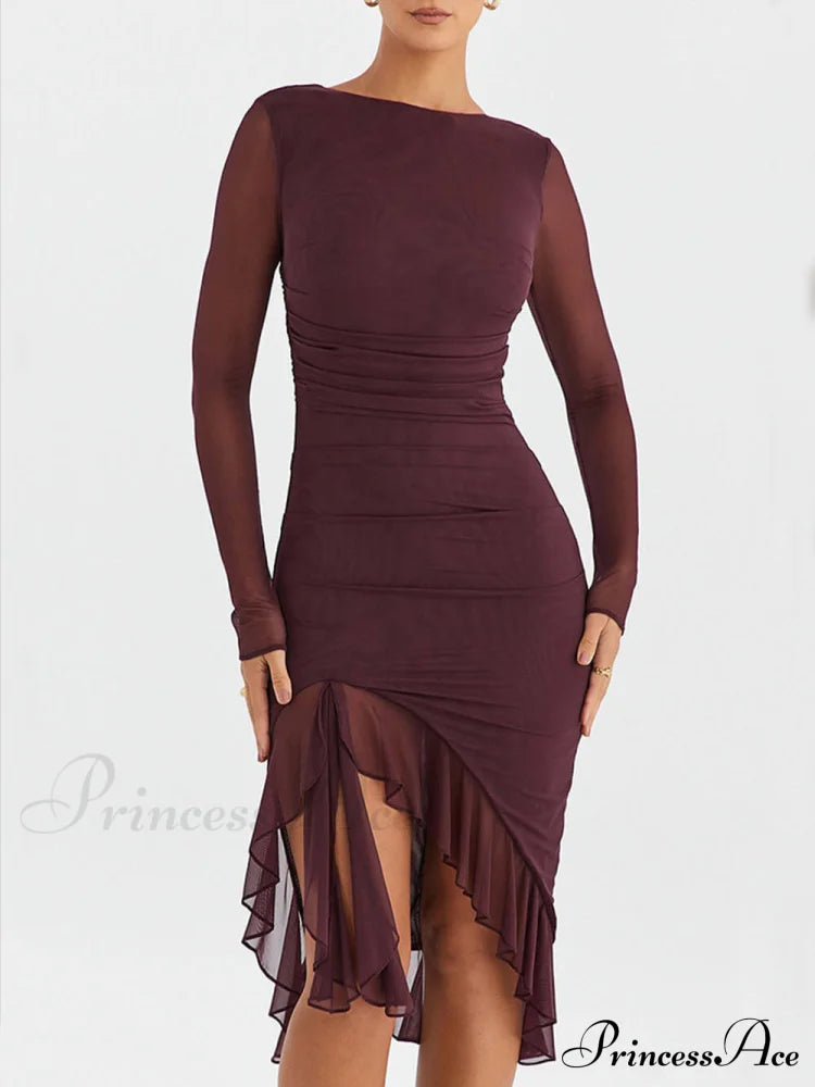 Wine Ruffle Stylish Midi Dress Dresses