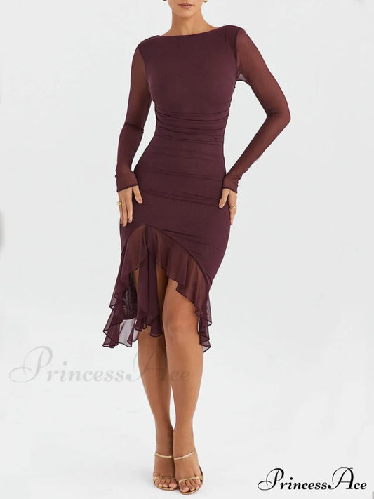 Wine Ruffle Stylish Midi Dress / S Dresses