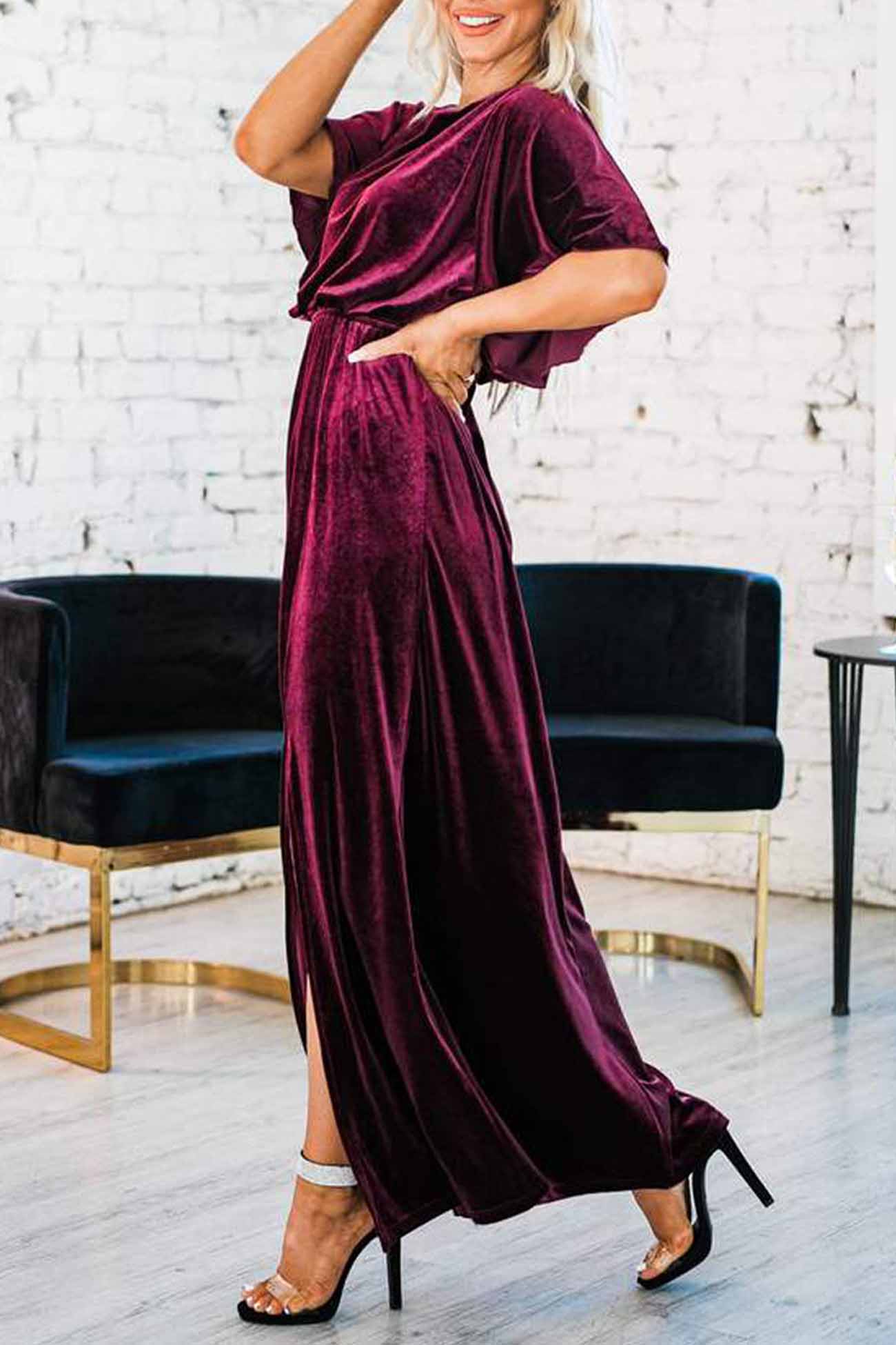 Velvet Crew Neck Midi Dress with High Slit