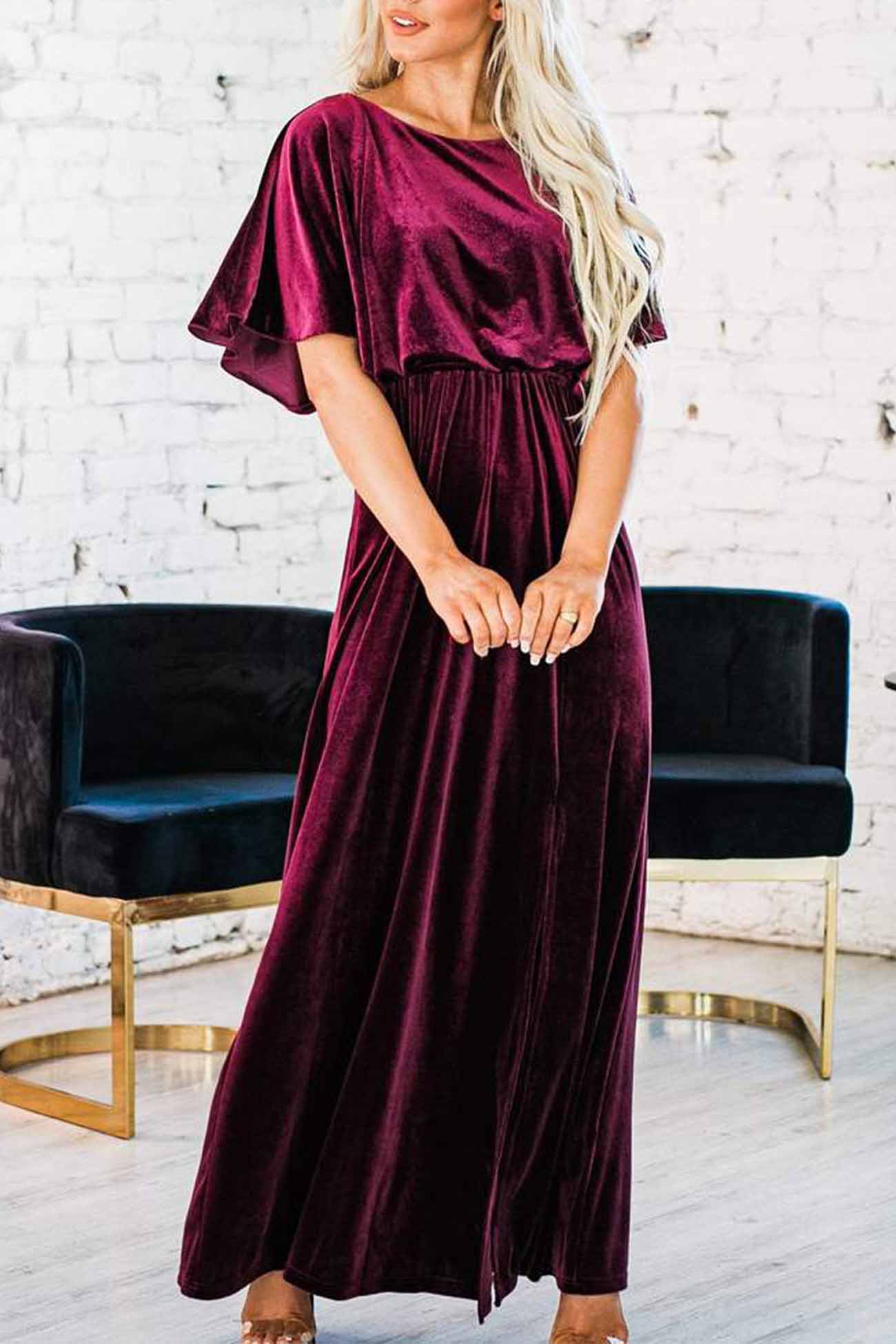 Velvet Crew Neck Midi Dress with High Slit