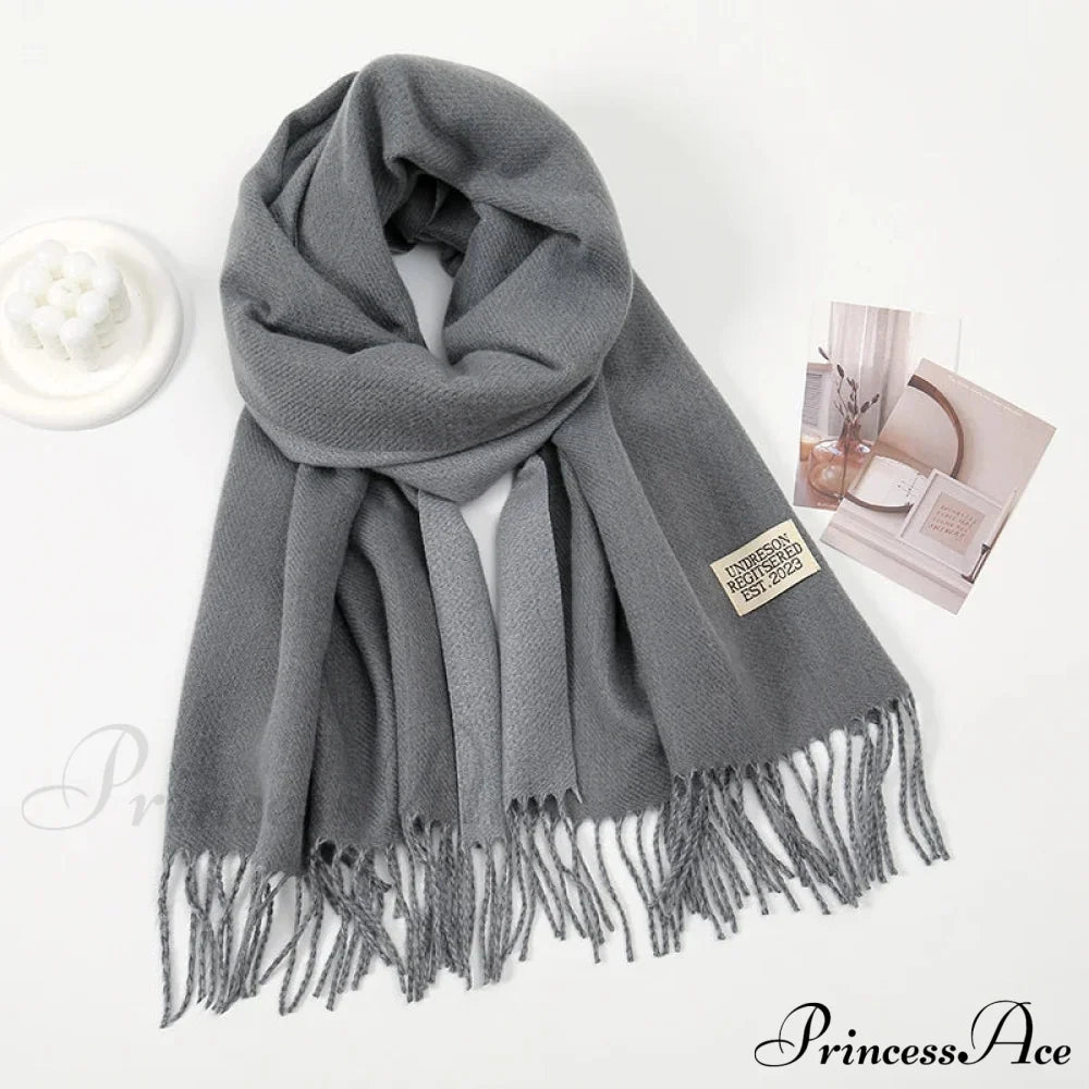 Winter Cashmere Long Warm Hijab Wrap Solid Pashmina Scarf Female Dark Grey Scarfs-L