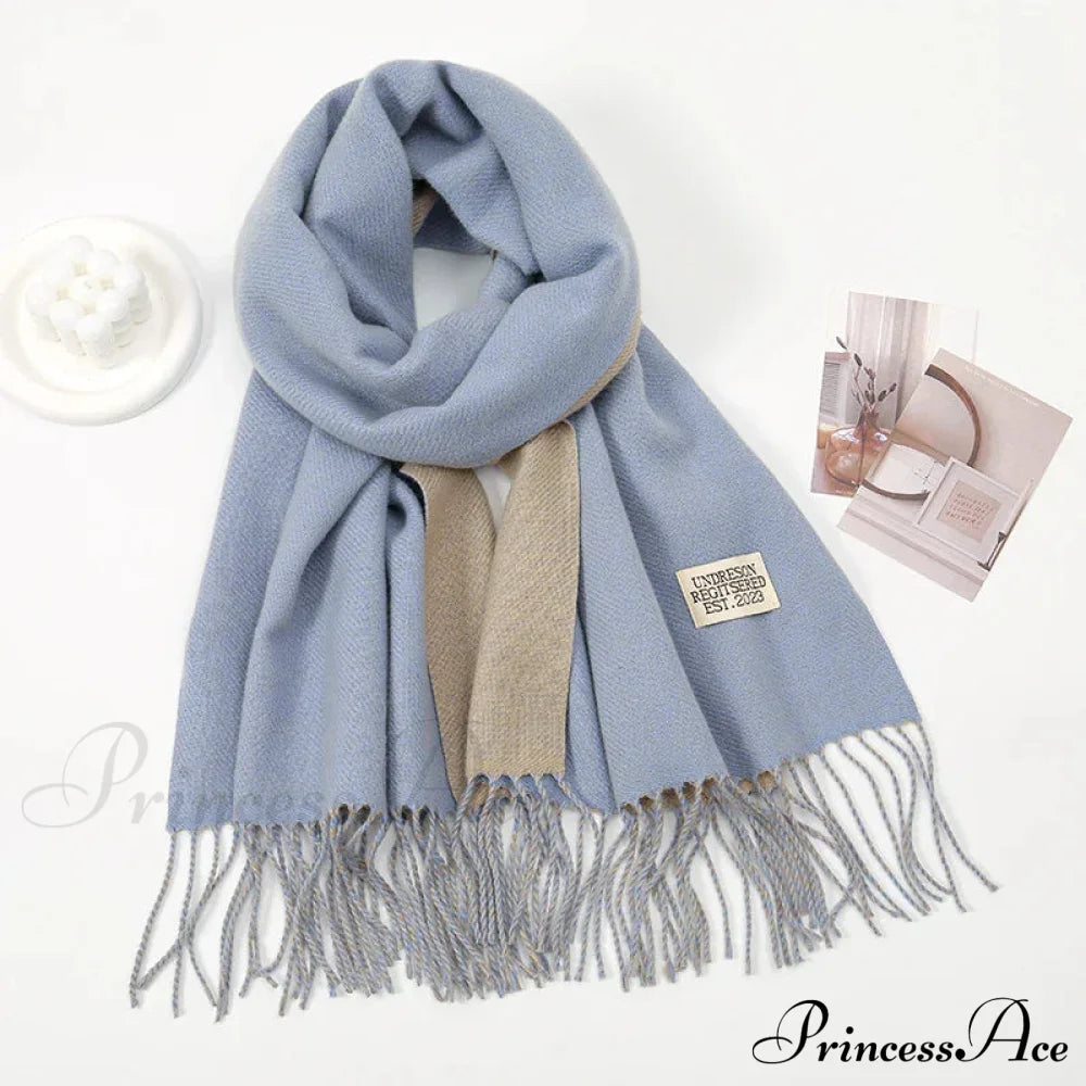 Winter Cashmere Long Warm Hijab Wrap Solid Pashmina Scarf Female Grey Blue Scarfs-L