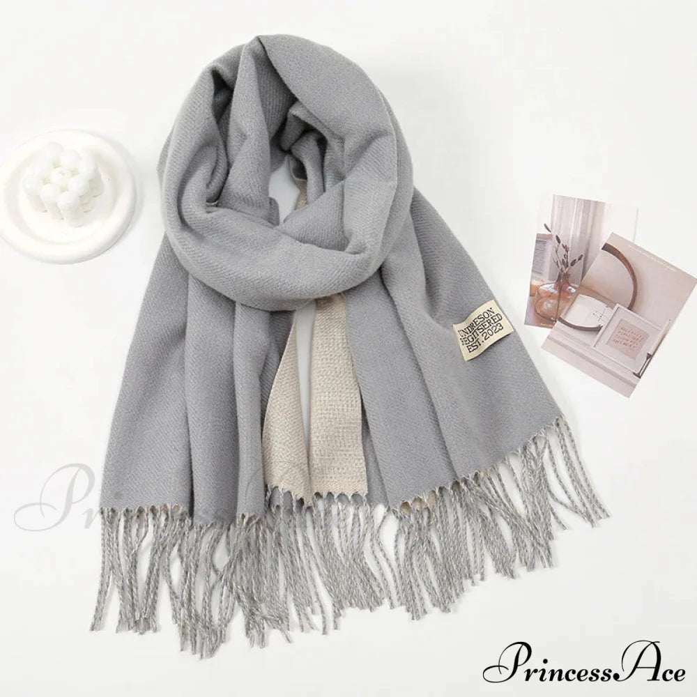 Winter Cashmere Long Warm Hijab Wrap Solid Pashmina Scarf Female Grey Scarfs-L