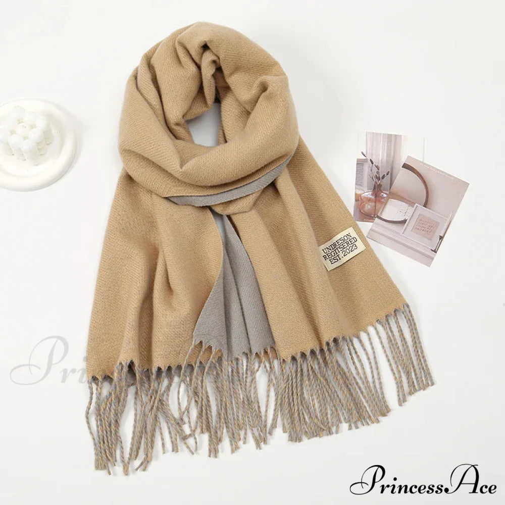 Winter Cashmere Long Warm Hijab Wrap Solid Pashmina Scarf Female Khaki Scarfs-L