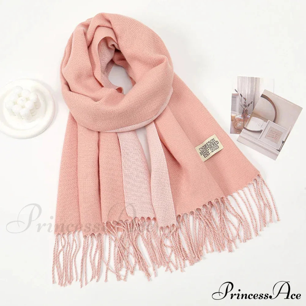 Winter Cashmere Long Warm Hijab Wrap Solid Pashmina Scarf Female Peach Pink Scarfs-L