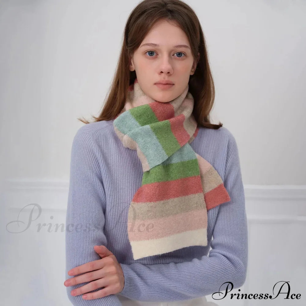 Winter Cashmere Shawl Women Colorful Striped Neck Scarf Brown-Green / L162Cm W20Cm Scarfs-L