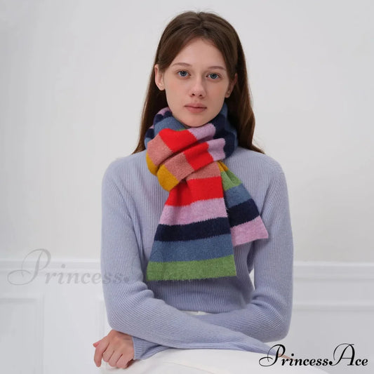 Winter Cashmere Shawl Women Colorful Striped Neck Scarf Rainbow / L162Cm W20Cm Scarfs-L