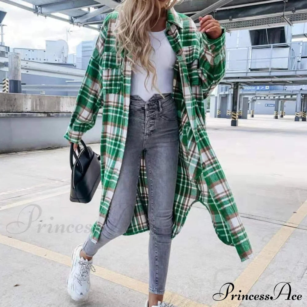 Winter Casual Turn-Down Collar Wool Coat Long Sleeve Loose Outwear Green / S