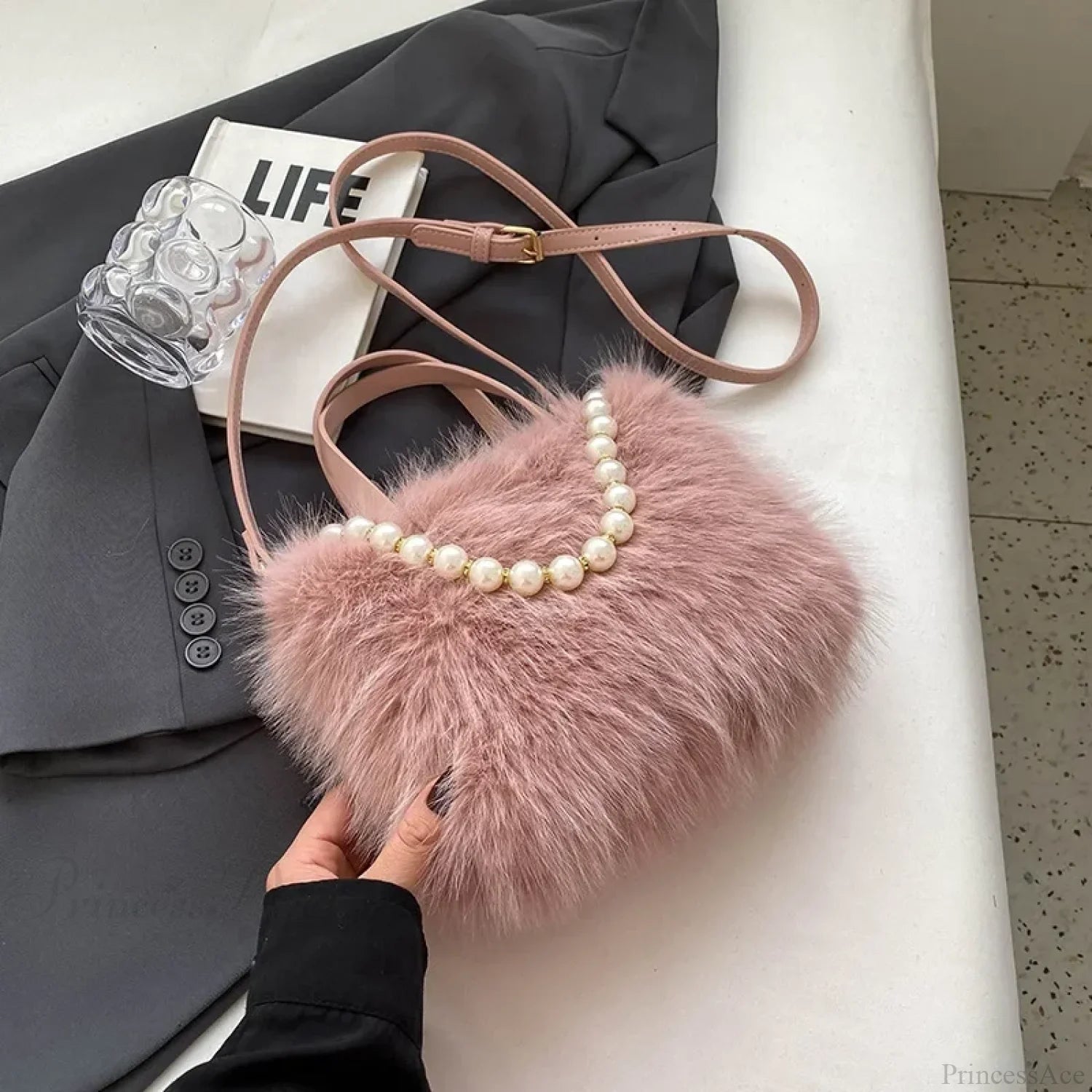 Winter Faux Fur Crossbody Pearl Chain Decor Handbag Pink handbag-250126