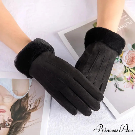 Winter Fur Full Finger Windproof Driving Outdoor Screen Women Christmas Glove Black Gloves-L