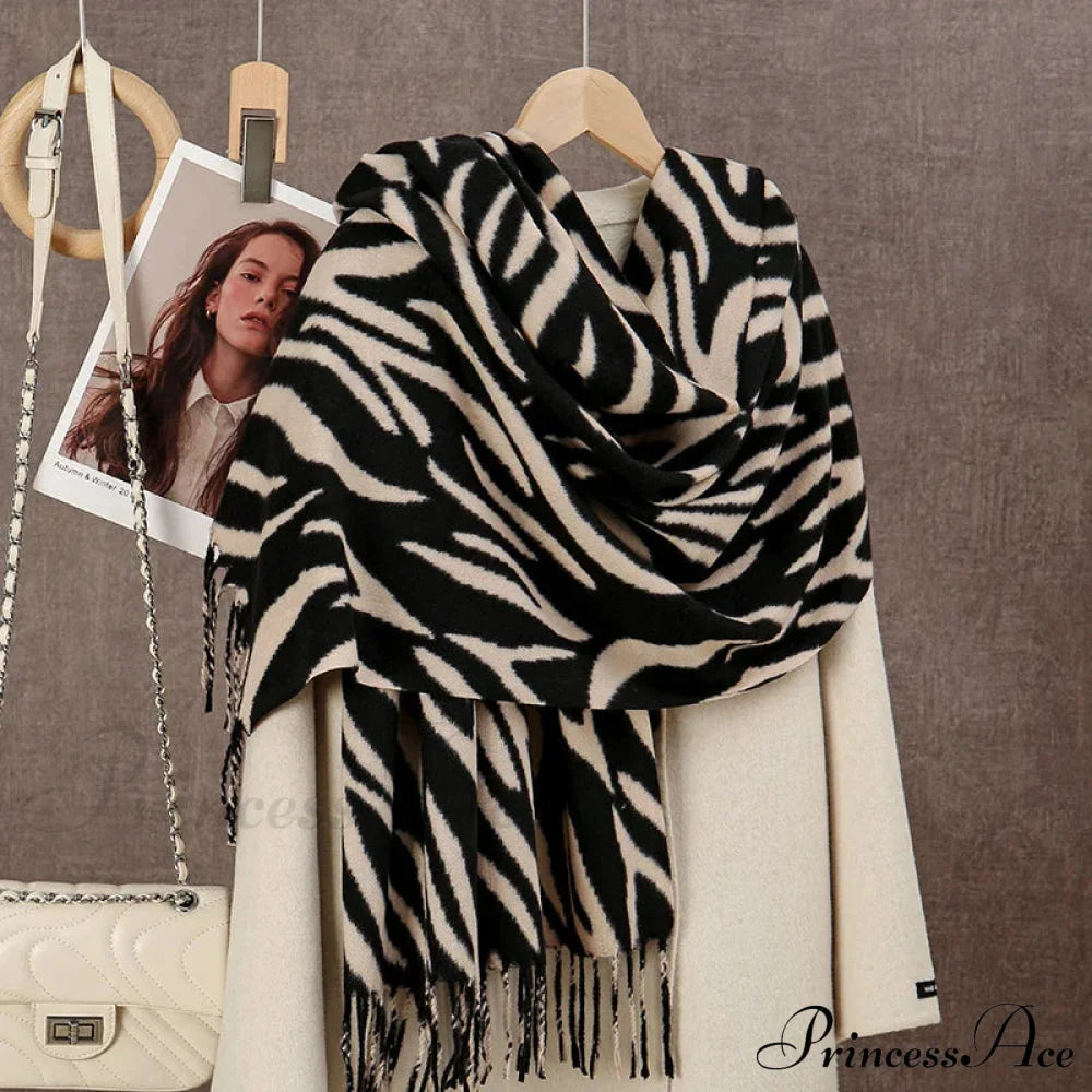 Winter Plaid Cashmere Poncho Tassel Scarf - Luxury Warm Thickened Unisex Apricot Zebra-Stripe