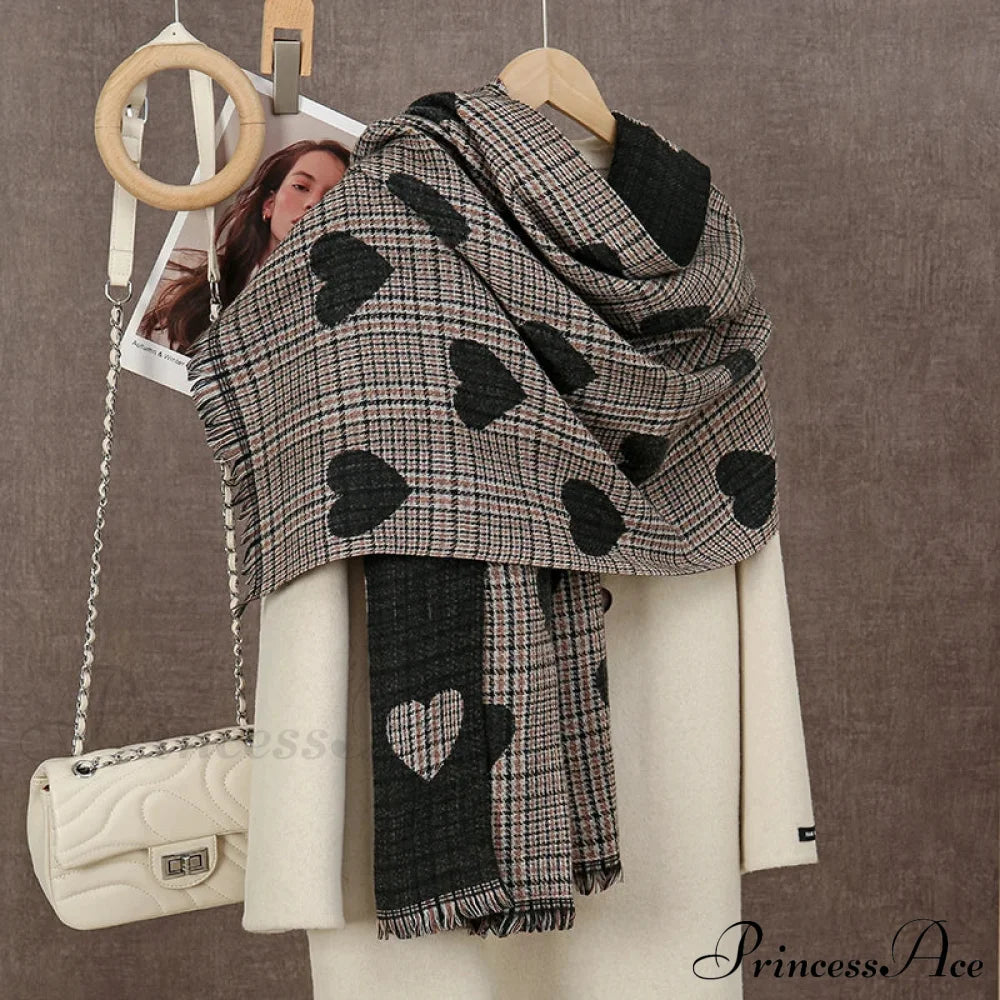 Winter Plaid Cashmere Poncho Tassel Scarf - Luxury Warm Thickened Unisex Black Heart Scarfs-L