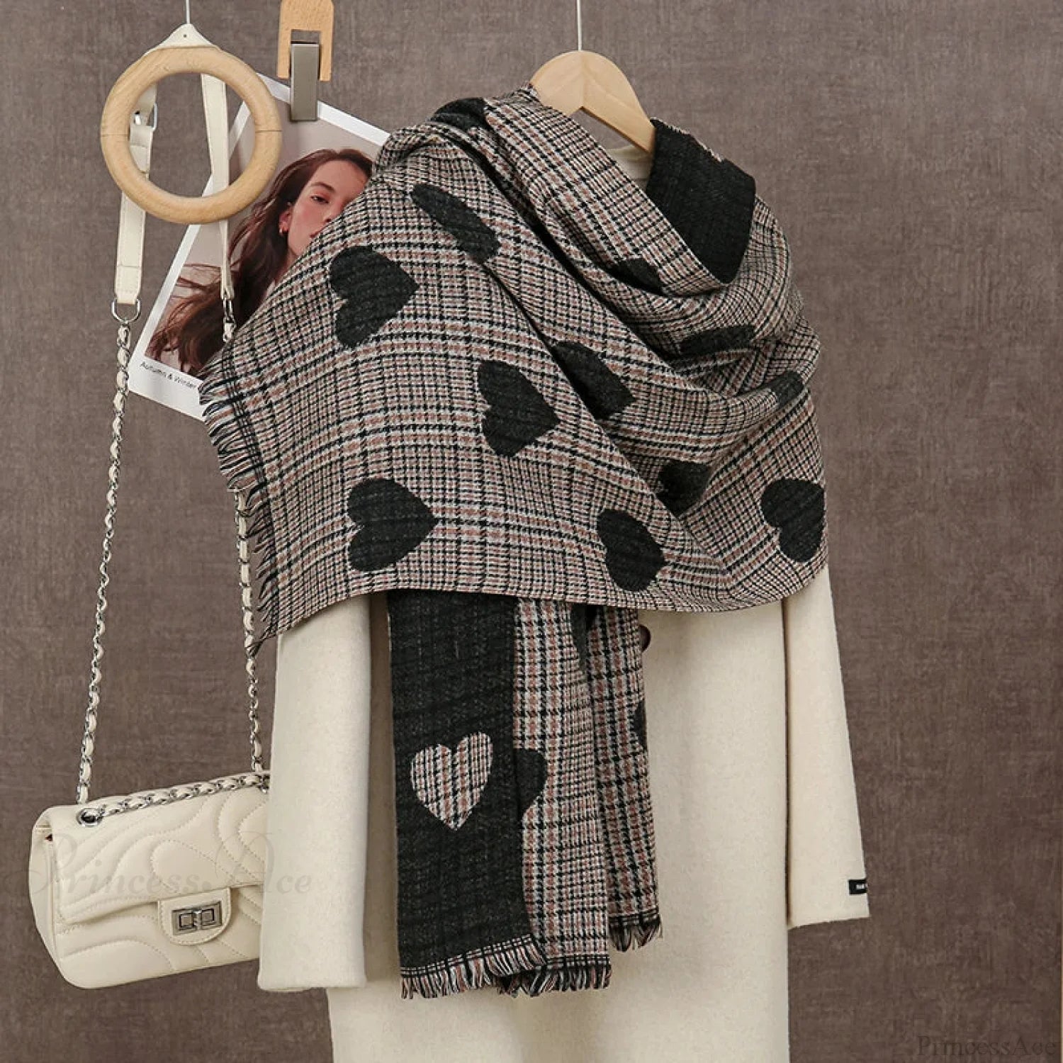 Winter Plaid Cashmere Poncho Tassel Scarf - Luxury Warm Thickened Unisex Black Heart Scarfs-L
