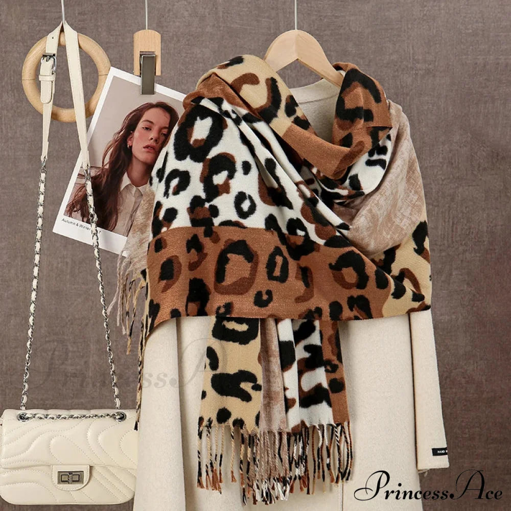 Winter Plaid Cashmere Poncho Tassel Scarf - Luxury Warm Thickened Unisex Brown Leopard Scarfs-L