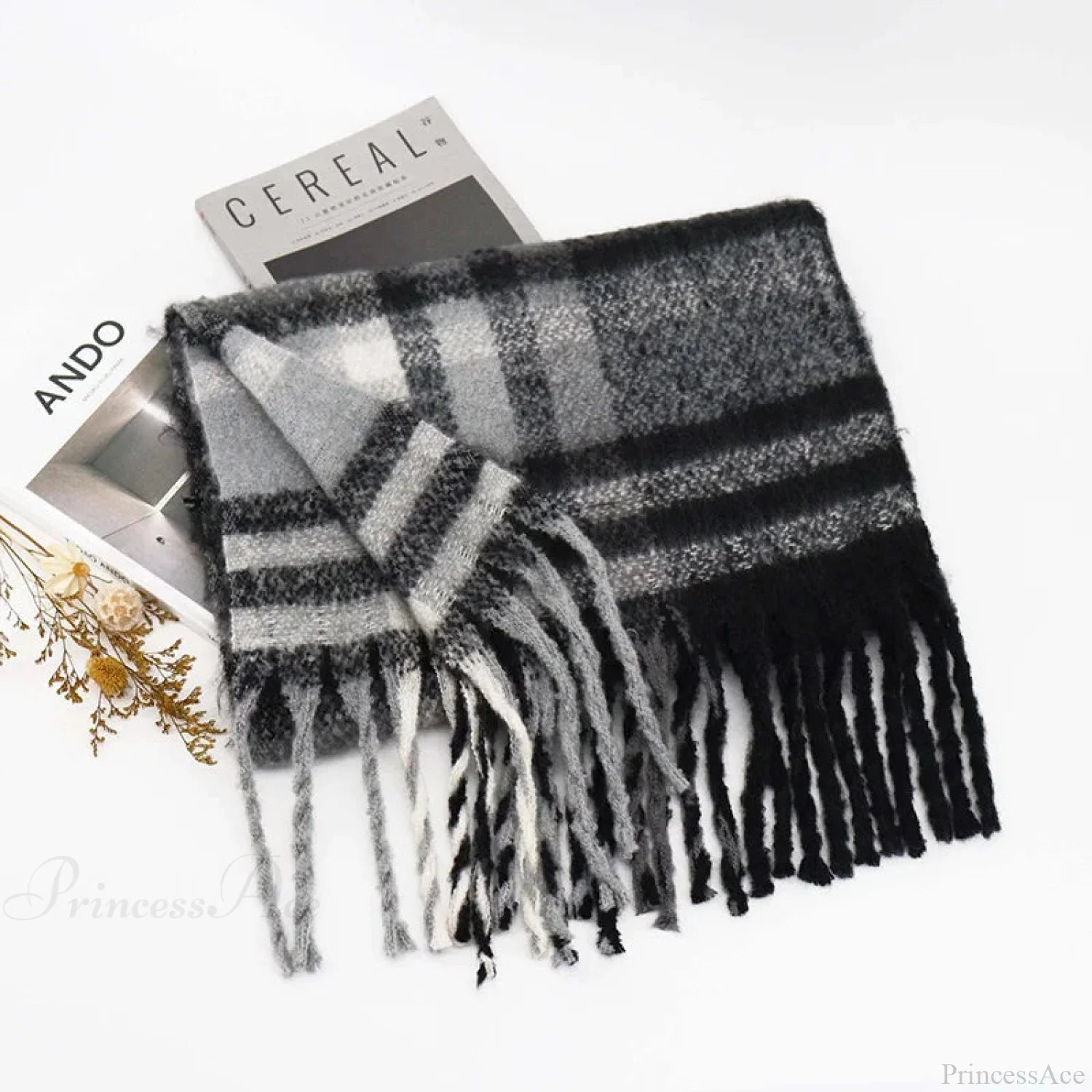 Winter Plaid Cashmere Poncho Tassel Scarf - Luxury Warm Thickened Unisex Grey 1 Scarfs-L