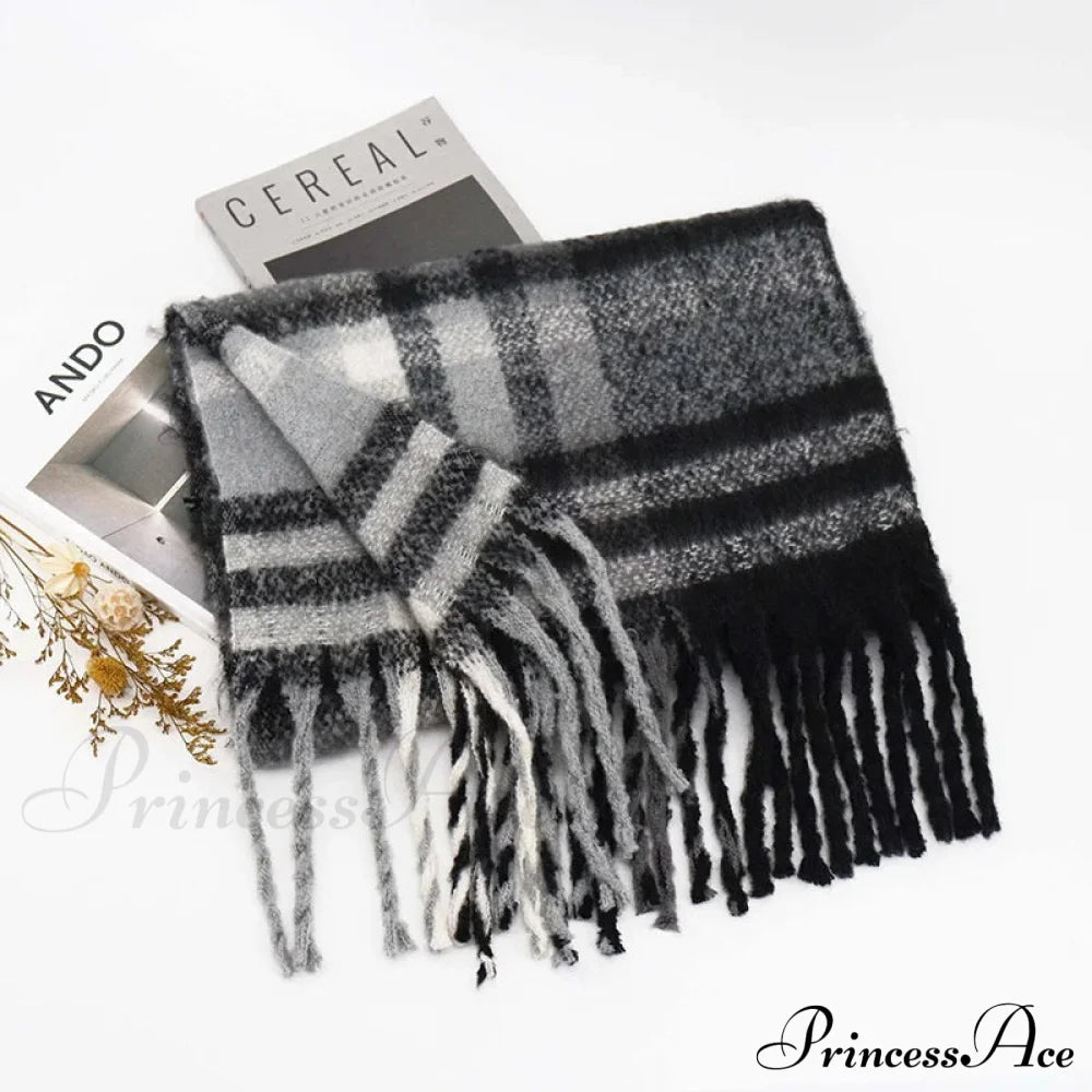 Winter Plaid Cashmere Poncho Tassel Scarf - Luxury Warm Thickened Unisex Grey 1 Scarfs-L