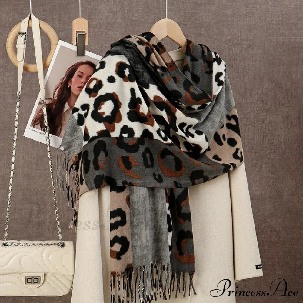 Winter Plaid Cashmere Poncho Tassel Scarf - Luxury Warm Thickened Unisex Grey Leopard Scarfs-L