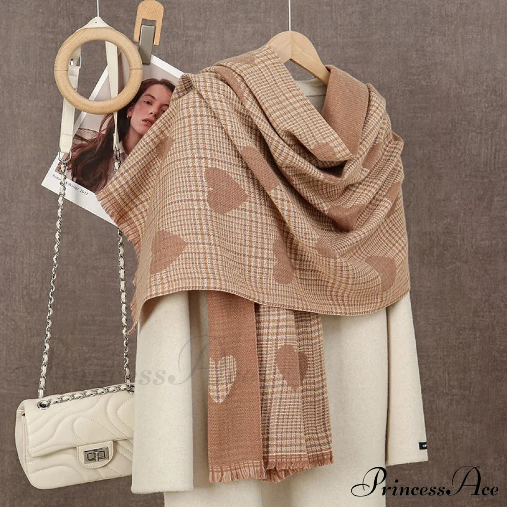 Winter Plaid Cashmere Poncho Tassel Scarf - Luxury Warm Thickened Unisex Grey Orange Heart Scarfs-L