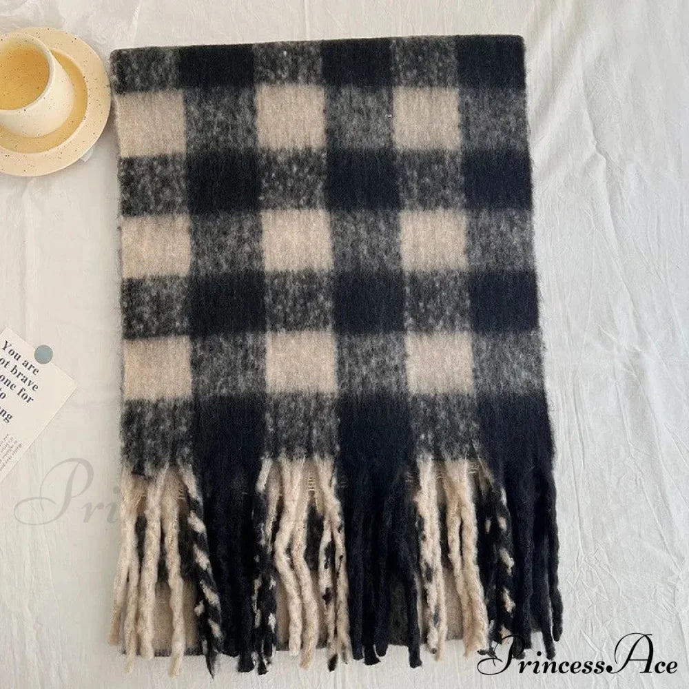 Winter Plaid Cashmere Poncho Tassel Scarf - Luxury Warm Thickened Unisex Grey Plaid Scarfs-L