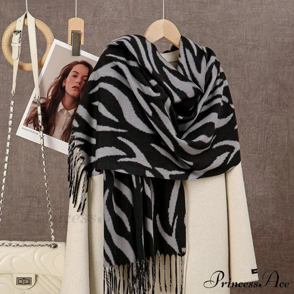 Winter Plaid Cashmere Poncho Tassel Scarf - Luxury Warm Thickened Unisex Grey Zebra-Stripe Scarfs-L