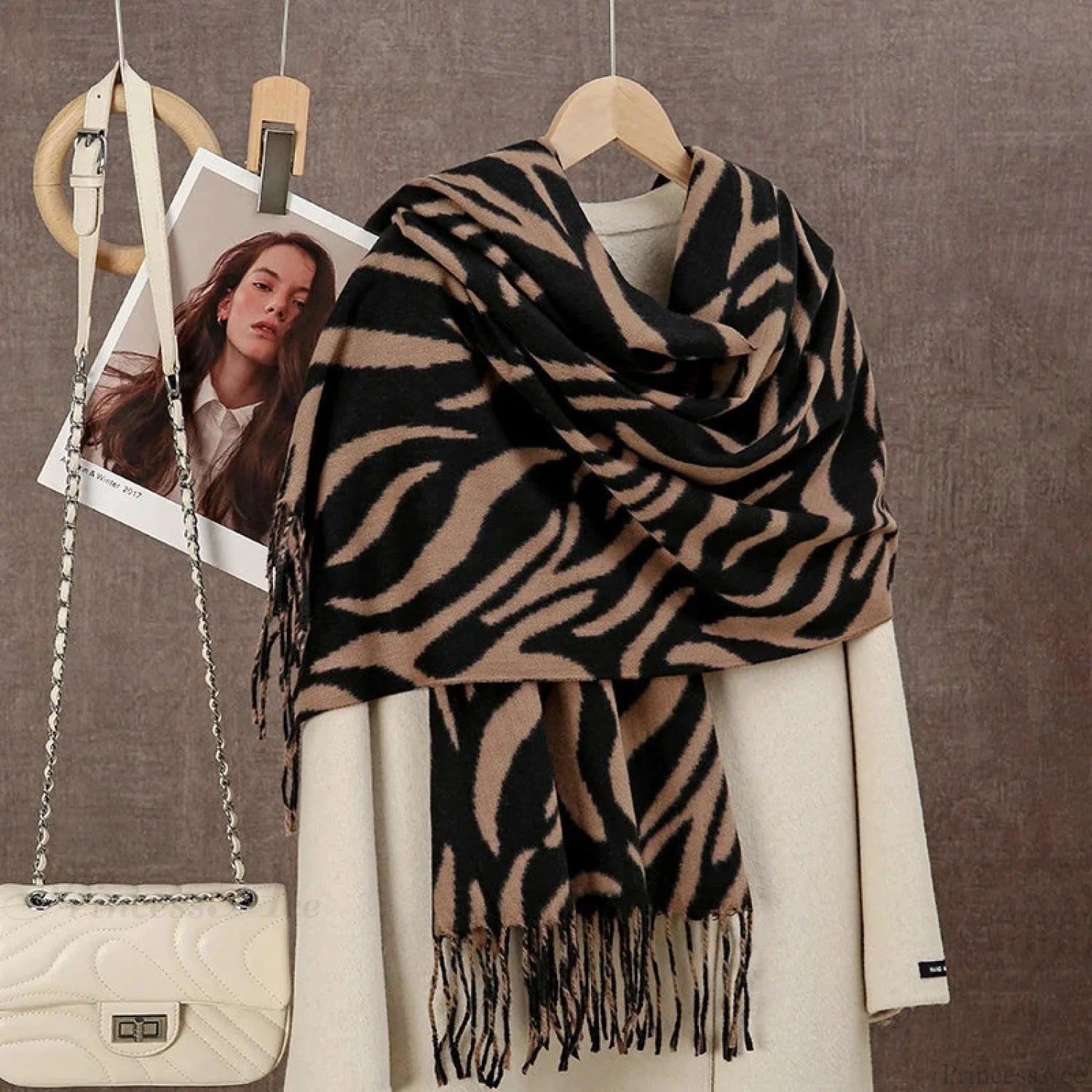 Winter Plaid Cashmere Poncho Tassel Scarf - Luxury Warm Thickened Unisex Khaki Zebra-Stripe Scarfs-L
