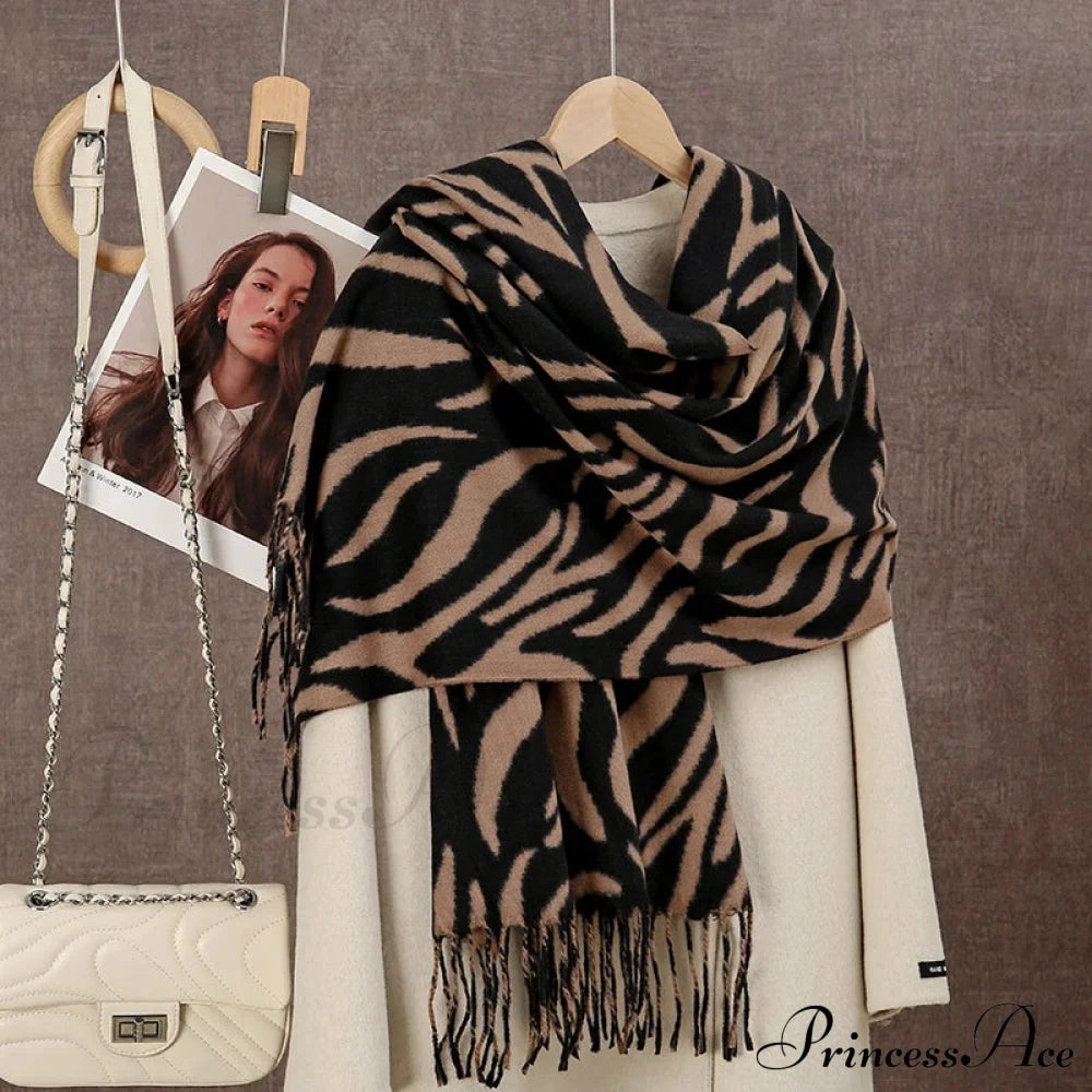 Winter Plaid Cashmere Poncho Tassel Scarf - Luxury Warm Thickened Unisex Khaki Zebra-Stripe Scarfs-L