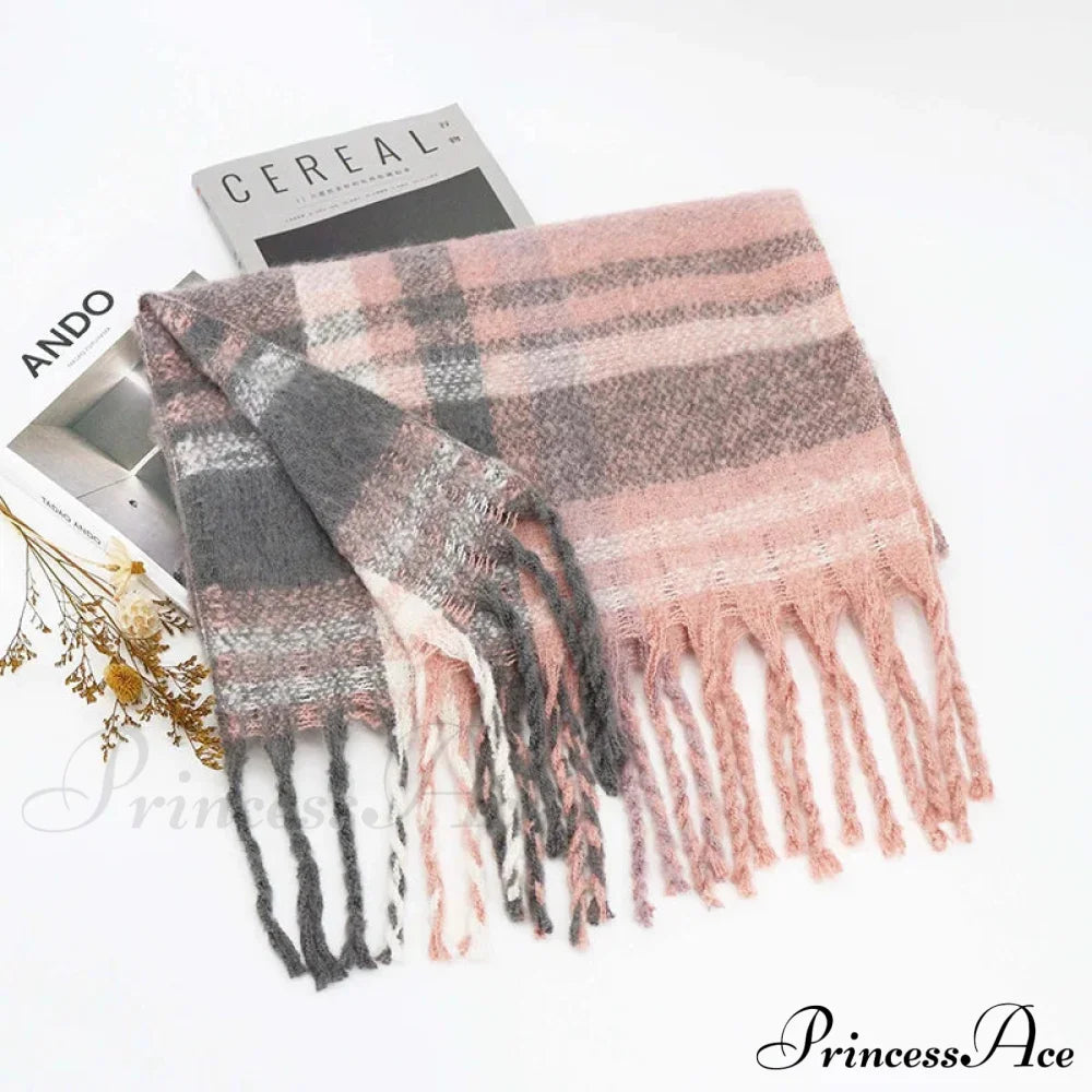 Winter Plaid Cashmere Poncho Tassel Scarf - Luxury Warm Thickened Unisex Pink Scarfs-L