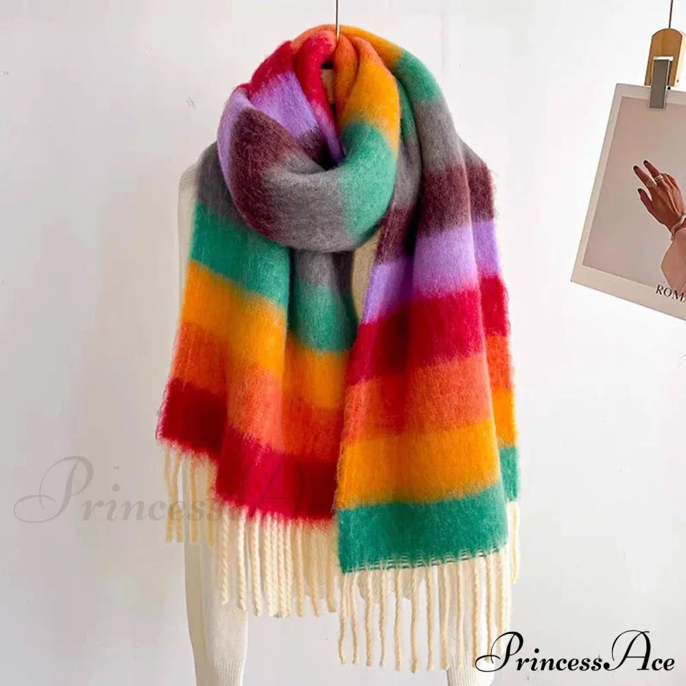 Winter Plaid Cashmere Poncho Tassel Scarf - Luxury Warm Thickened Unisex Rainbow Scarfs-L