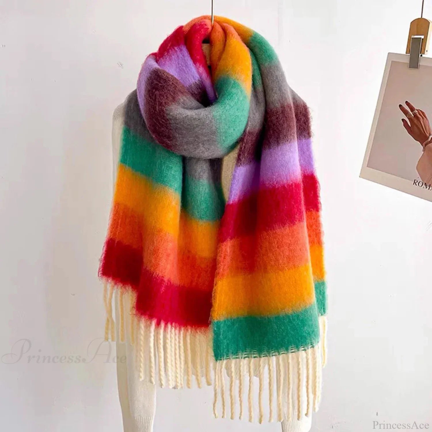 Winter Plaid Cashmere Poncho Tassel Scarf - Luxury Warm Thickened Unisex Rainbow Scarfs-L