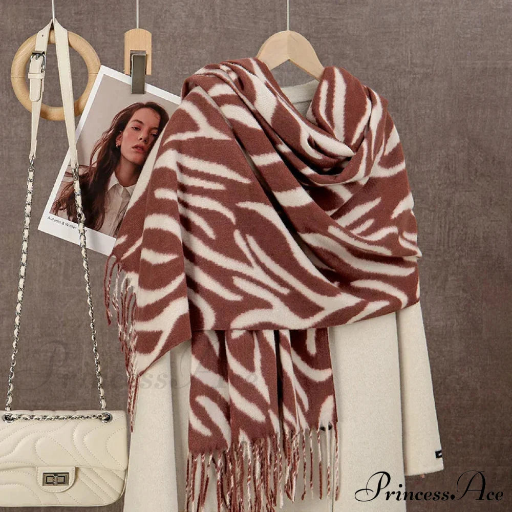 Winter Plaid Cashmere Poncho Tassel Scarf - Luxury Warm Thickened Unisex Red Zebra-Stripe Scarfs-L