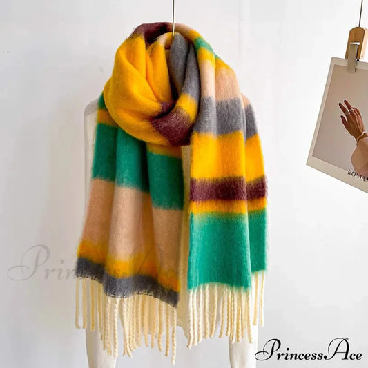 Winter Plaid Cashmere Poncho Tassel Scarf - Luxury Warm Thickened Unisex Yellow Green Scarfs-L