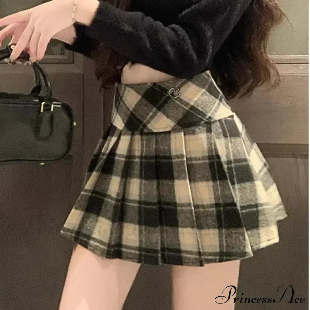 Winter Plaid Woolen Preppy Check Pleated Mini Skirt