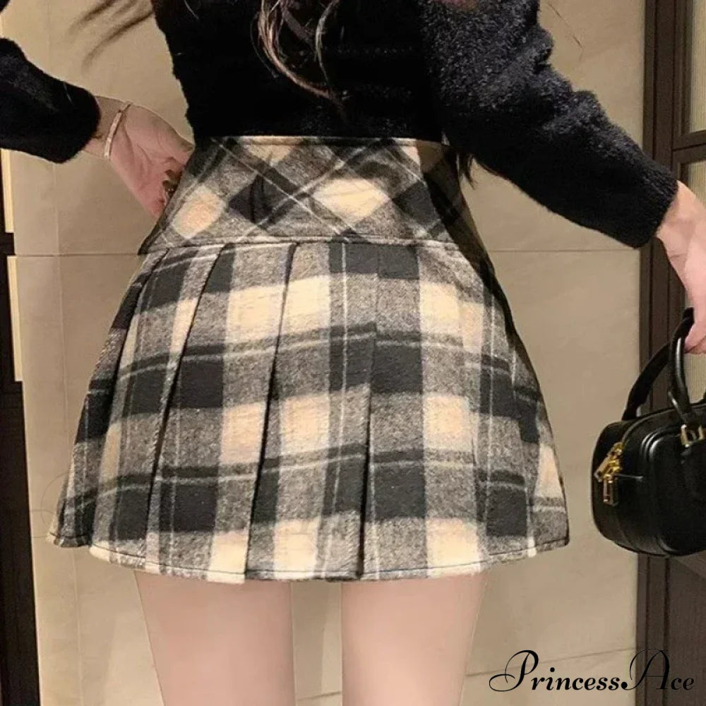 Winter Plaid Woolen Preppy Check Pleated Mini Skirt